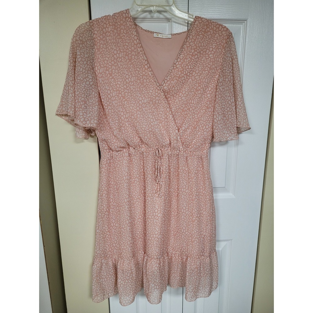 Pink Flutter Sleeve Wrap Neck Tiered Coquette Mini Dress Animal Womens Size L